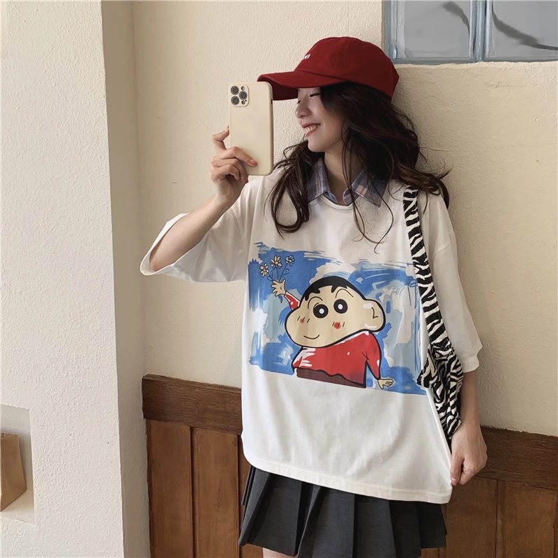 

Kawaii Cartoon Print T-Shirts Women Summer Turn-Down Collar Short Sleeve Harajuku Tees Korean Style Students Loose Top 2021