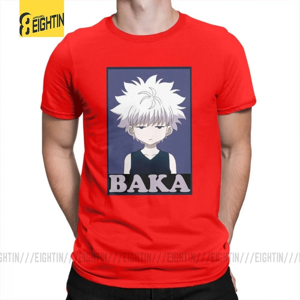 Охотник х Хантер футболки Killua Zoldyck Baka классический комикс о-образный вырез с коротким рукавом классический крой Чистый хлопок футболки мягкие мужские футболки - Цвет: Красный