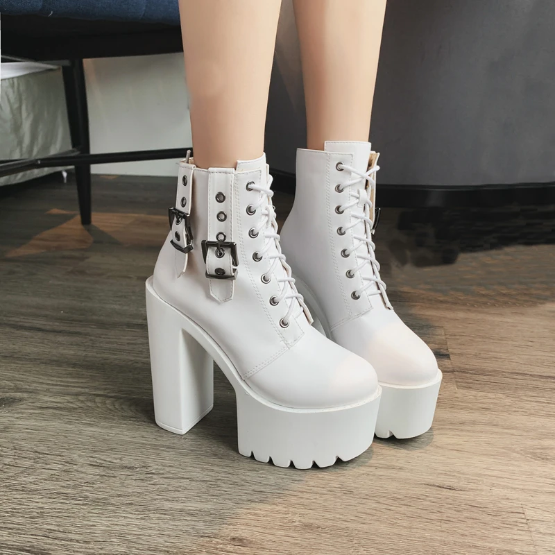 

Black Platform Boots Autumn Shoes Women 2021 High Heel Boots Round Toe Buckle Platform Punk Boots White Shoes Bota Feminina