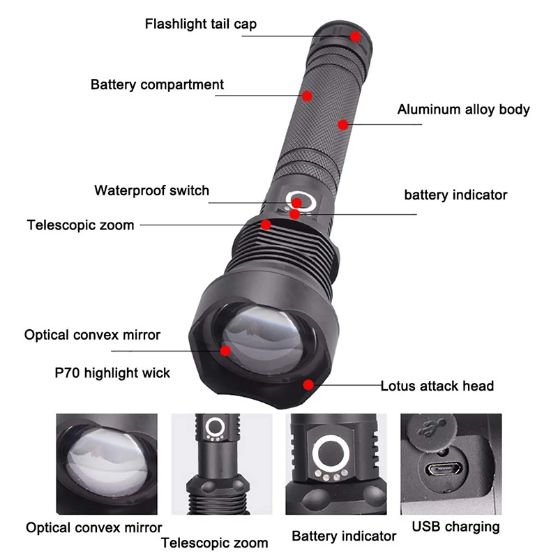 LED Torch Rechargeable Type Fast Charge Zoomable Light IP65 Waterproof Super Bright Camping Flashlight Torches | Спорт и развлечения