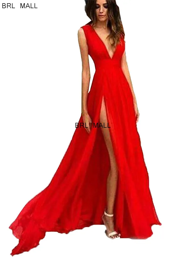 

vestido de fiesta 2020 Red Chiffon Prom Dresses Deep V Neck Long Formal Dresses Side Slit Party Evening Gowns robes de soire