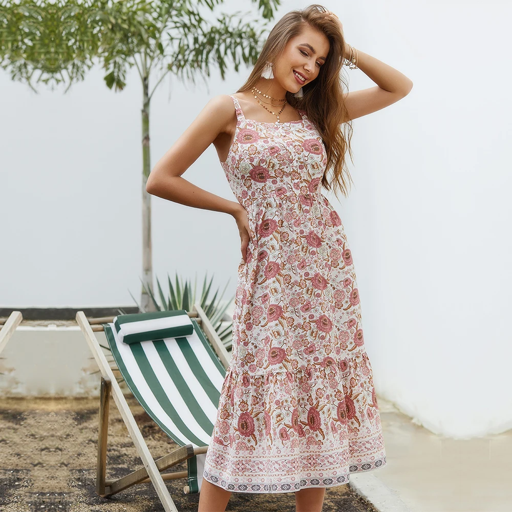 

Women's 2021 New Sexy Spaghetti Strap Floral Dress Ladies Medium Long Sleeveless Slim Summer Beach Dress Female