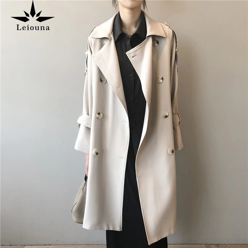 

Leiouna Casual Loose Slim Solid Full A-line 2020 New Fashion Women Coat Belt Spring Autumn Double Long Windbreaker Outwear Coat