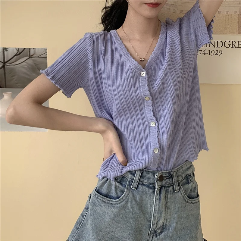 

Taro Purple Top Women's Summer New Korean Style Sweet Lace Knitted BM Cardigan Short V-neck Short Sleeve T-shirt for Students