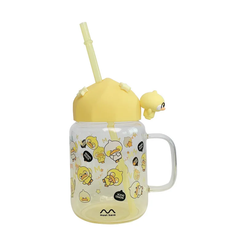 

525ML Glass Cup With Straw Creativity Cute Duck Pattern Ins Summer Girl Water Bottle Strawberry Milk Kid Gifts