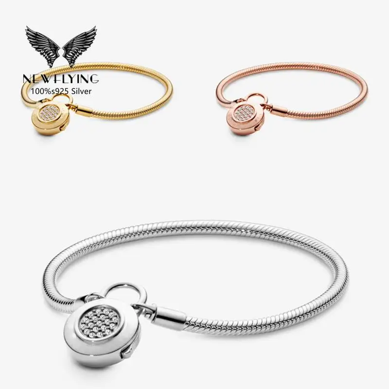 

925 Sterling Silver Detachable Padlock Clasp Pave Cubic Zirconia Bracelet Snake Chain Bracelet Fit Pando Charm For Women