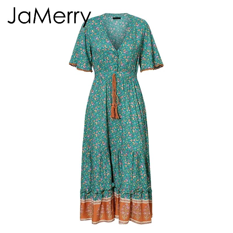 Женское платье с коротким рукавом JaMerry длинное пляжное из хлопка принтом в
