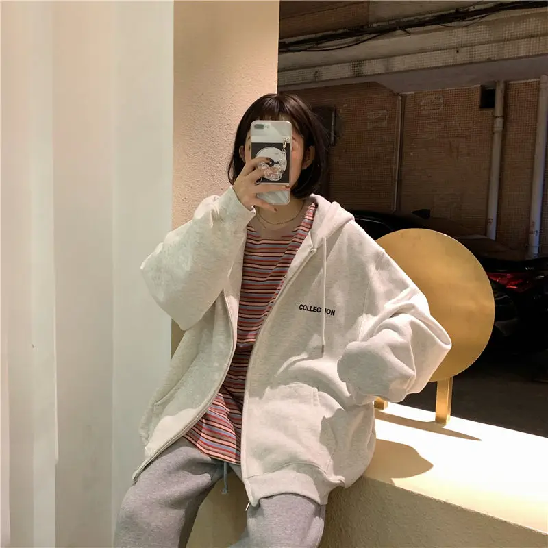 

2021 Harajuku Loose zip-up oversized hoodie Women plus size fashion sweatshirt women streetwear printing zip-up Hoodies Female