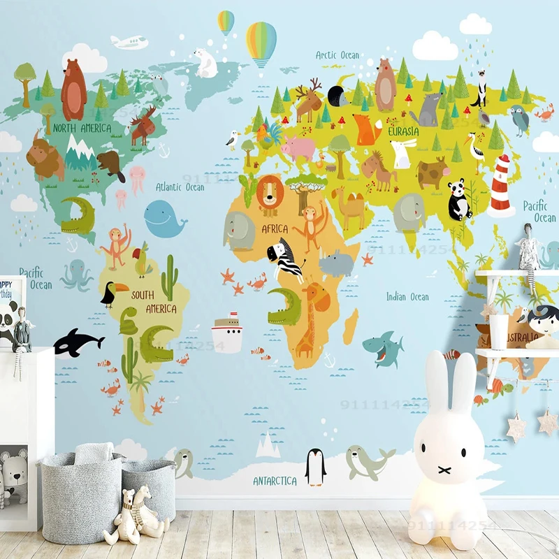

Современные Мультяшные животные карта мира Настенные обои детская комната Спальня украшение фотообои 3D