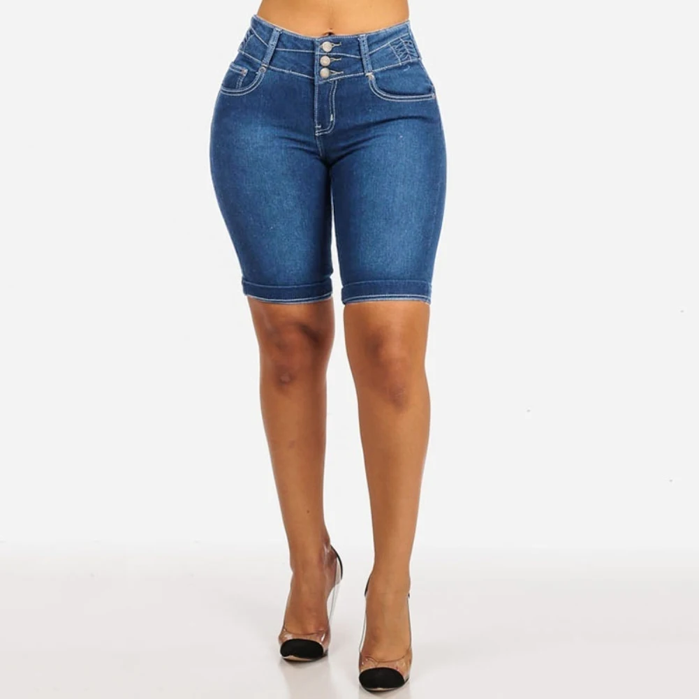 New Sexy Fashion Women Ladies Denim Skinny Shorts High Waist Stretch Bodycon Jeans Slim Shorts Knee Length Stretch Short Jeans images - 6