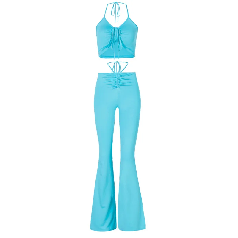 

Y2k Sexy Halter Crop Top and Low Waist Flare Pants Two Piece Set Women Summer Outfits Ladies Clothes 2021