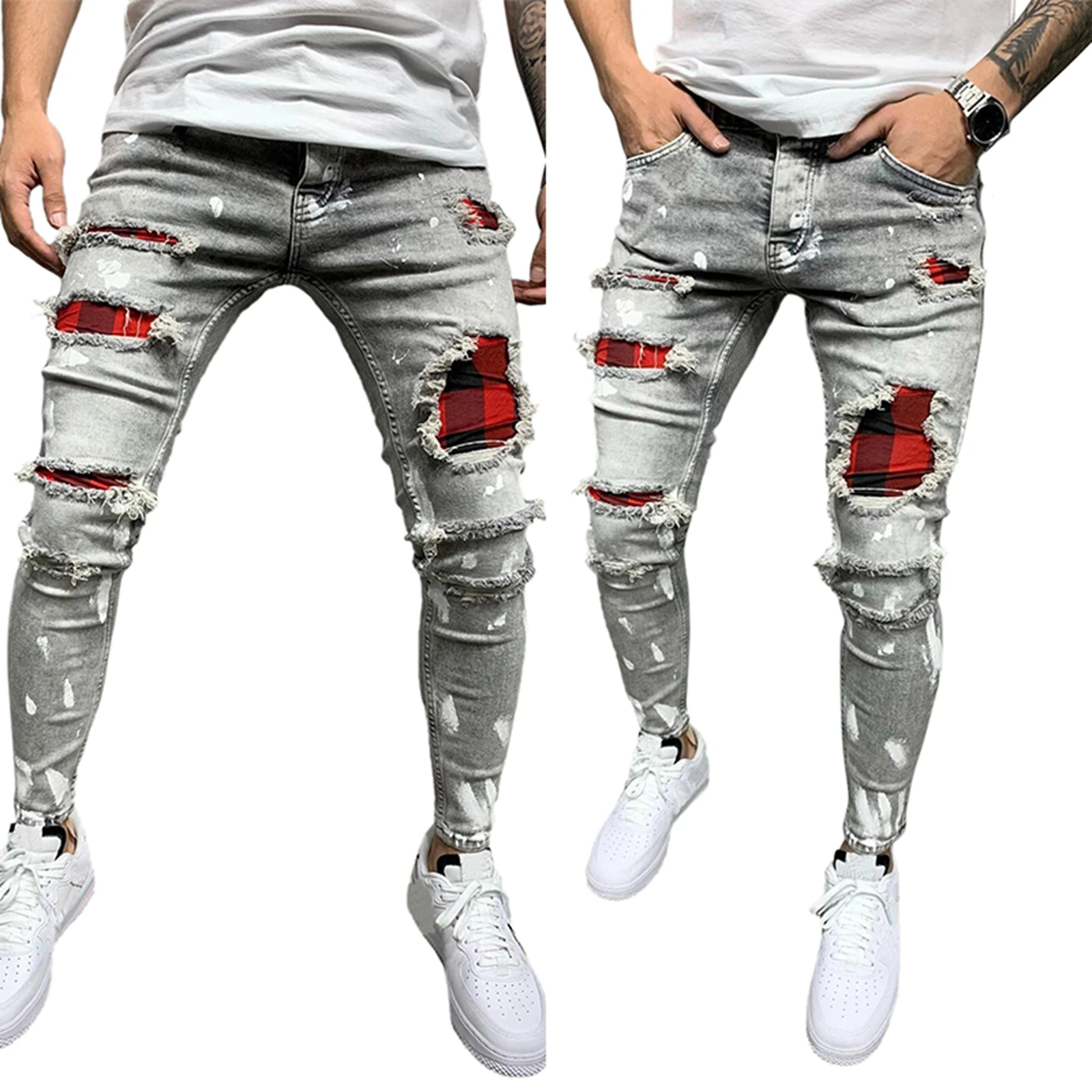 

New Fashion Mens Jeans Spliced Ripped Denim Pants Pencil Jeans Slim Patch Pants Red Check Plaid Pants Elastic Waistline S-3XL