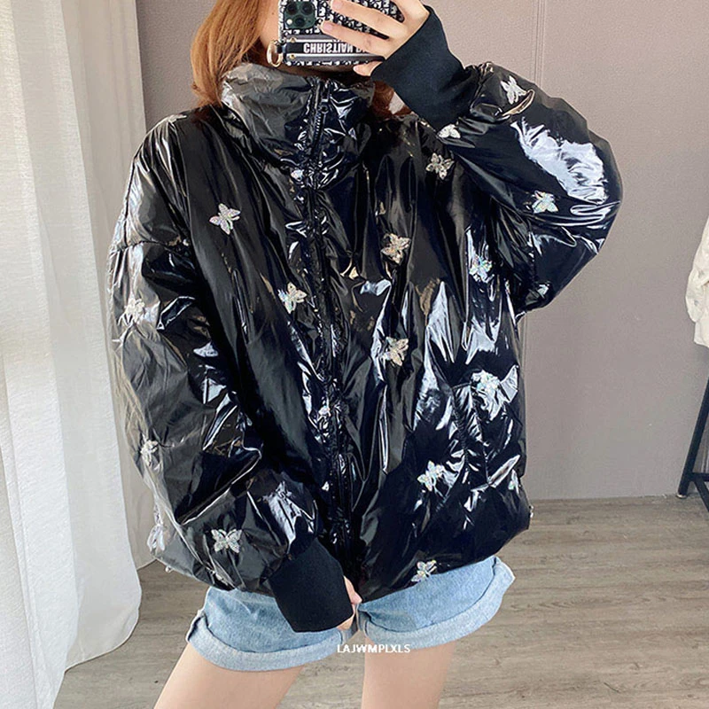 2021 яркий белый/черный пуховик женский зимний новый модный блестящая Лазерная с