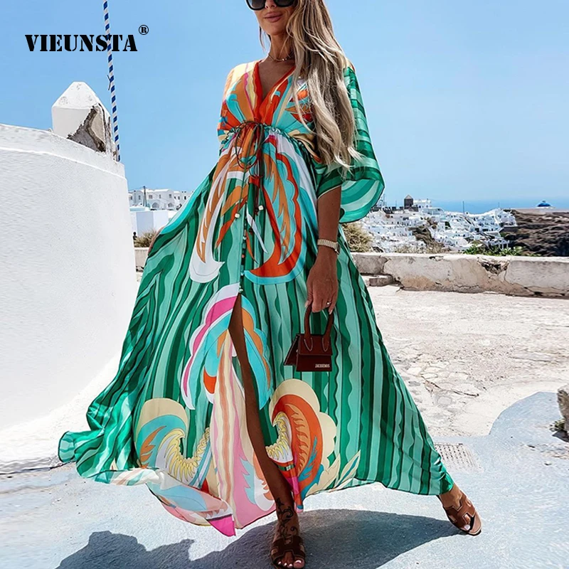 

2021 Summer Sexy Slim Split Hem Maxi Dress Elegant Elastic Waist Button Beach Long Dress Women Fashion Print Deep V Boho Dresses