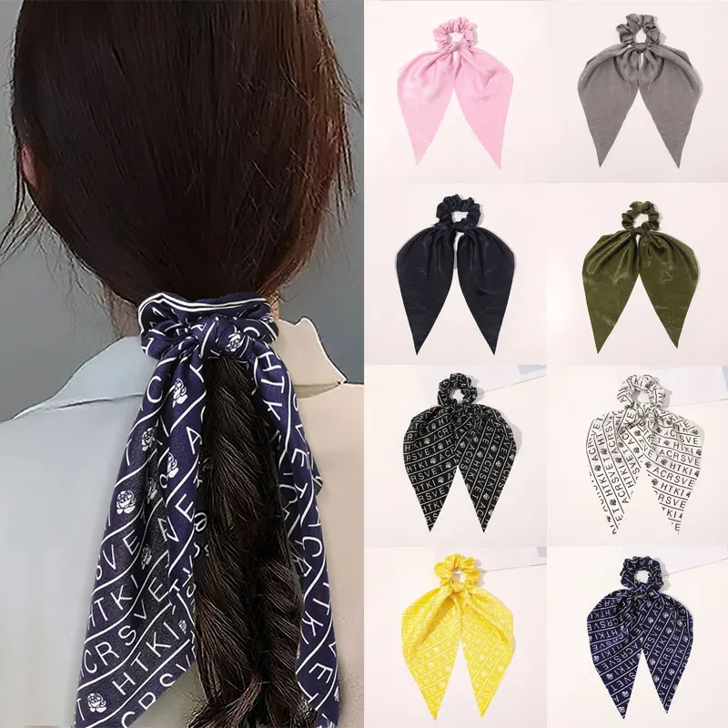 

Girl's Floral Print Scrunchy Solid Color Letter Print Hair Rope Sweet Knotted Bow Hair Accessory Ponytail Rubber Band For Women