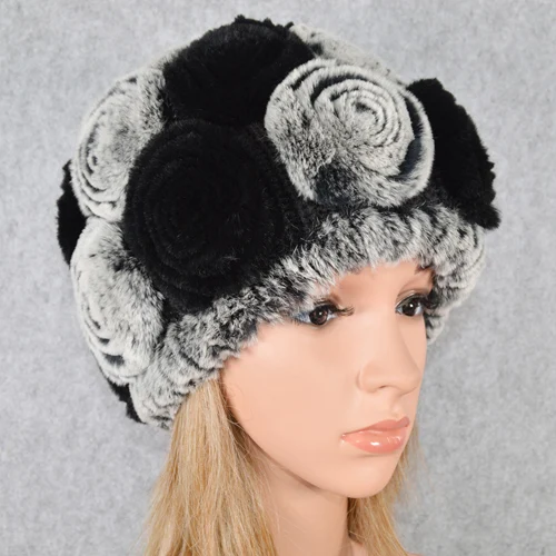 gray and black Горячая Распродажа зимние женские вязаные натуральный настоящий мех кролика шапки женские теплые Настоящий мех кролика шапки Цветочные меховые шапочки - Цвет: gray and black