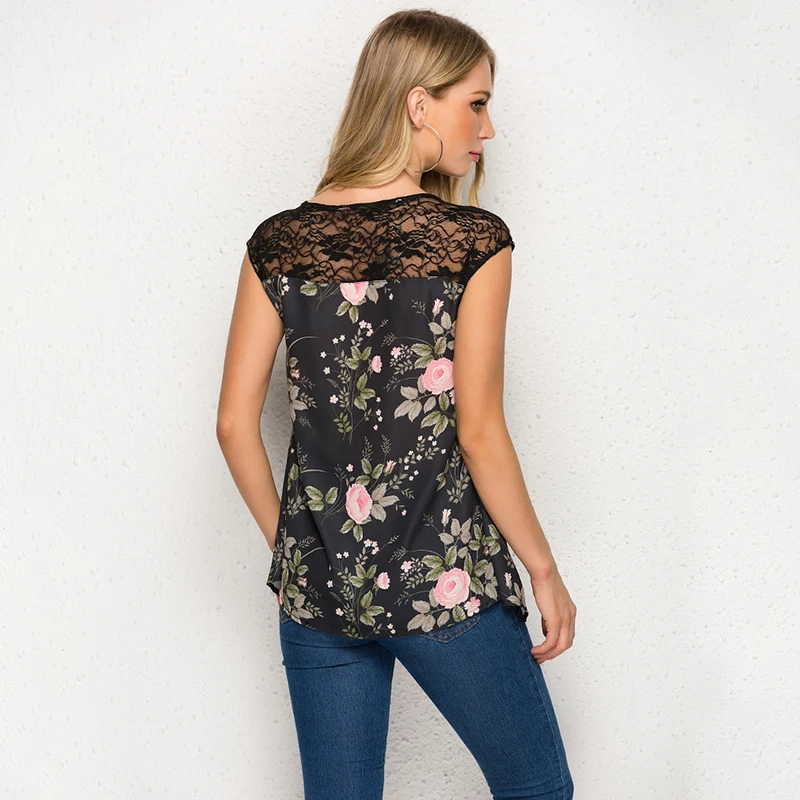 

Sexy Summer Printed Tops Women Sleeveless Chiffon Shirts Ladies Casual V-neck Lace Patchwork Blouse Femme Women Clothes
