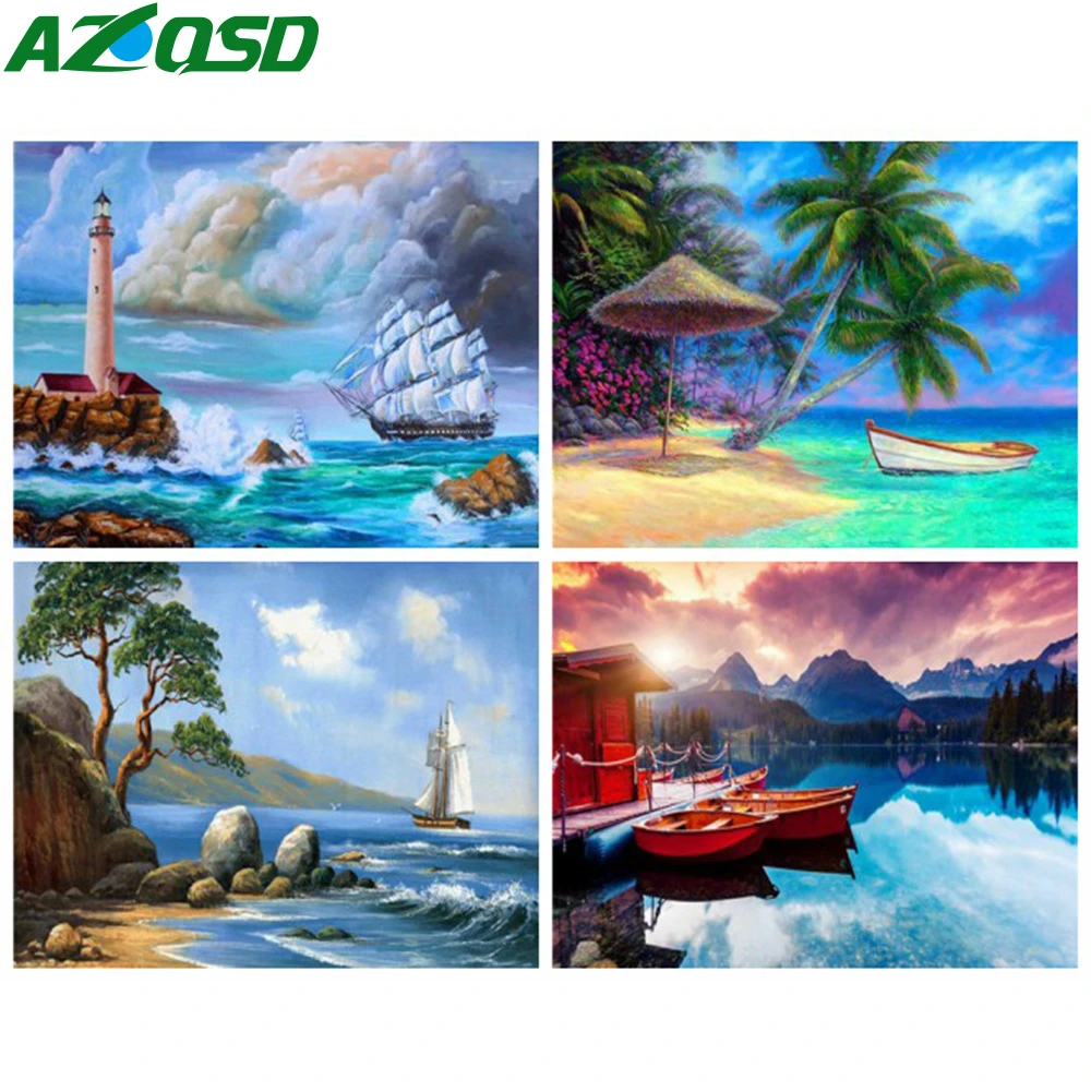 

AZQSD Painting By Numbers Seaside Pictures By Number Landscape Sailboat Unframed Arcylic Oil Painting Hand Paint Kit Home Decor