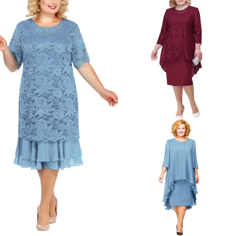 Платье женское вечернее кружевное до колен размера плюс из двух предметов