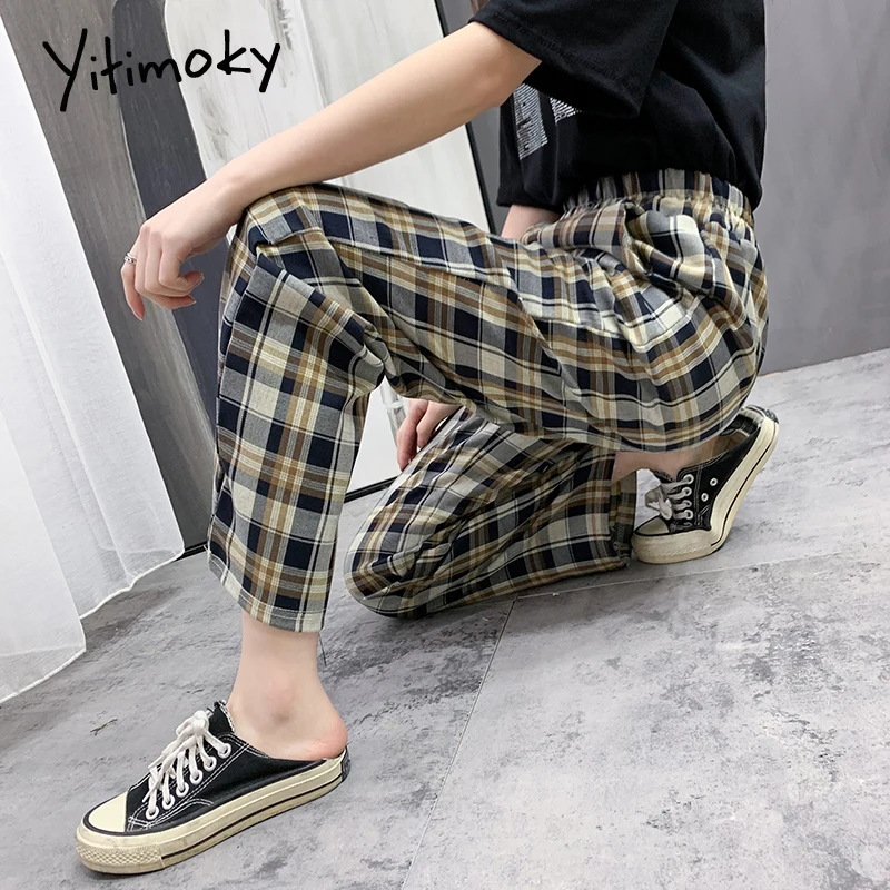 

Yitimoky Plaid Pants Woman Trousers Elastic Waist Casual Sweatpants Sweat Joggers Streetwear Clothing Straight Fashion Vintage
