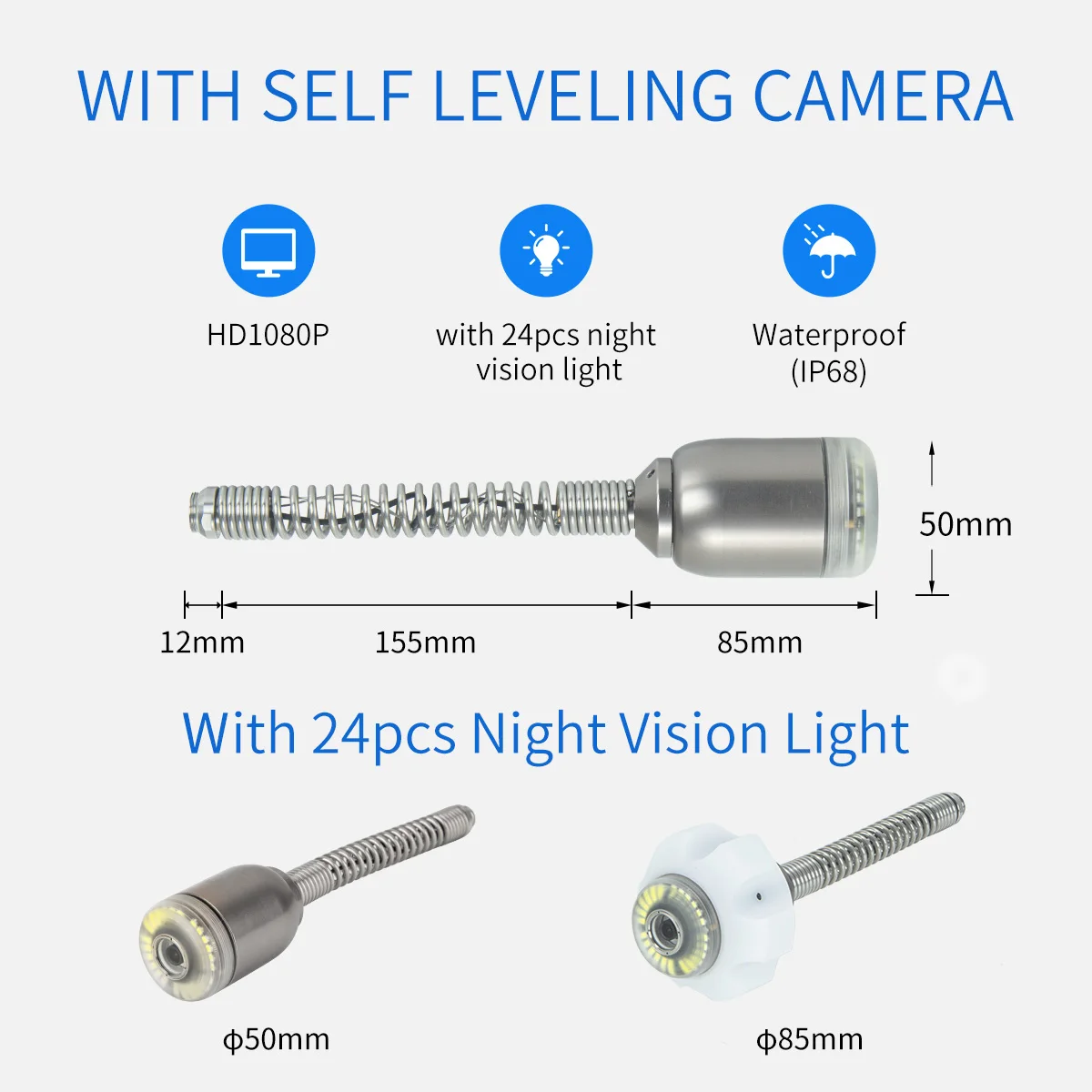 50mm Endoscope Borescpe DrainSewer Pipe Inspection Camera Self Leveling Industrial Pipeline Camera Meter Count Remote Control