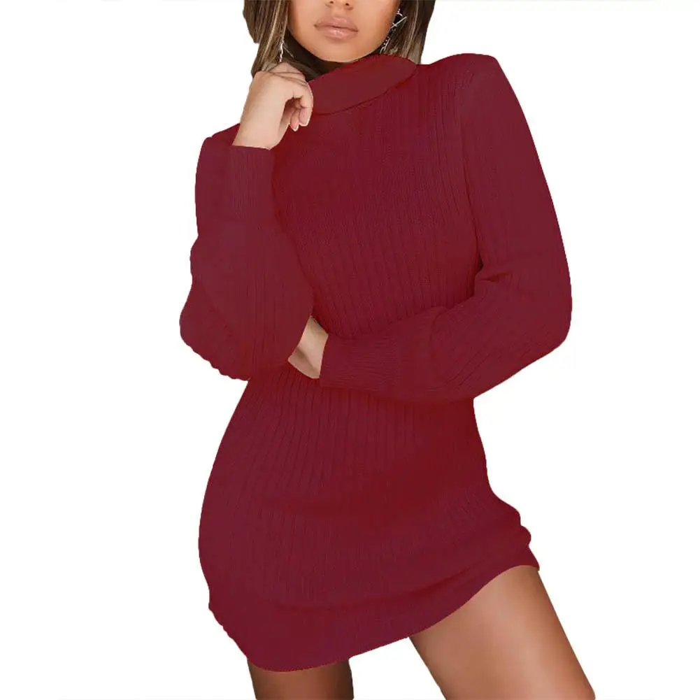 

11.11 Fashion Women Autumn Solid Color Long Sleeve Turtle Neck Ribbed Sliming Mini Dress Slim Elastic Bodycon Party Dresses