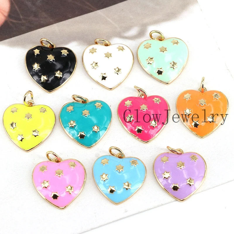 

10Pcs,Wholesale Enamel Colorful Stars On Heart Charm Pendant, Gold Filled Enamel Charm,Enamel Jewelry Findings