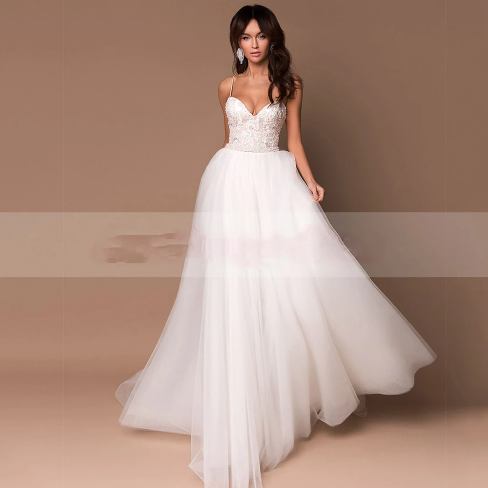 

Tulle White Sexy Wedding Dresses for Women Spaghetti Strap Strapless with Bobo Sleeveless Bridal Dress Backless High Quality