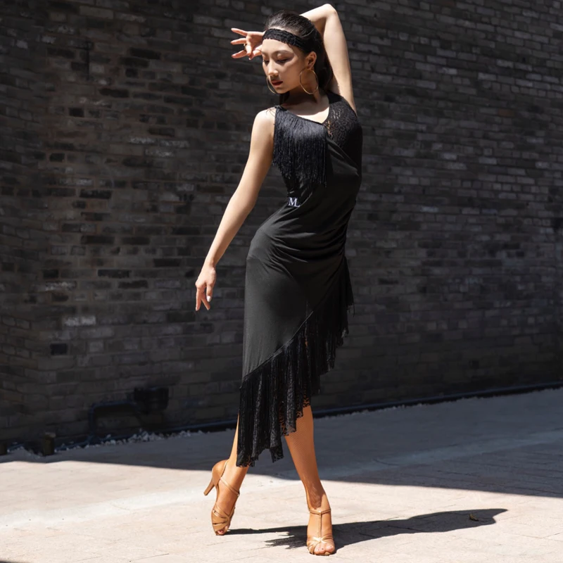 Женское платье для латиноамериканских танцев черное кружевное с бахромой одежда