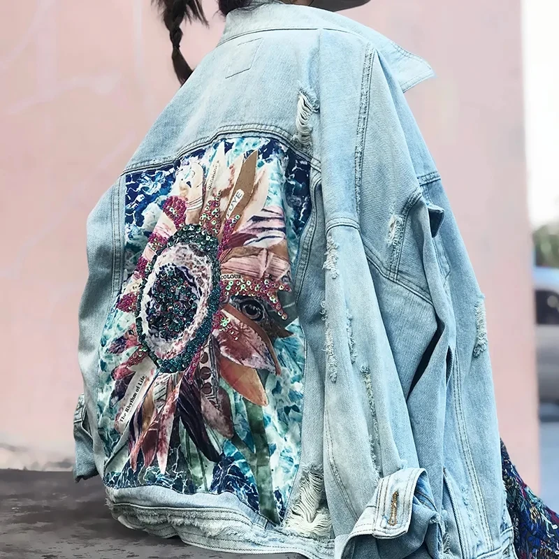 

Женская джинсовая куртка в стиле бохо, с цветочной аппликацией и блестками, верхняя одежда с длинным рукавом и вышивкой, рваная джинсовая ку...
