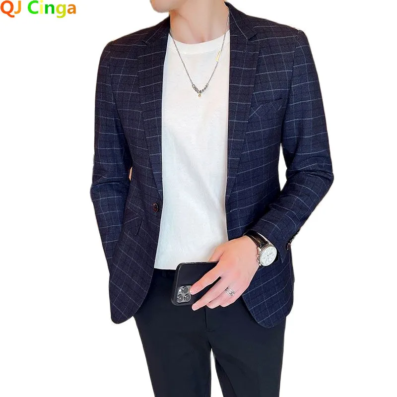 Однобортный мужской блейзер в клетку с V-образным вырезом Женская деловая куртка