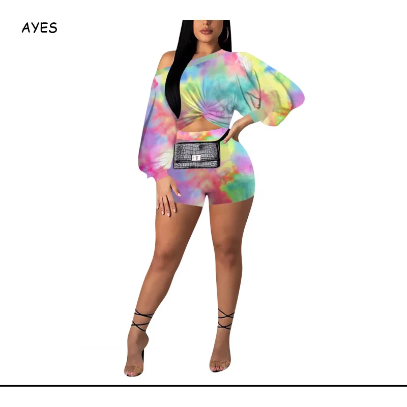 

Streetwear Tracksuits Women Summer Hot Tie Dye Two Piece Sets Puff Sleeve Crop Top And Slim Hot Shorts Fashion Trouser Suit 2020