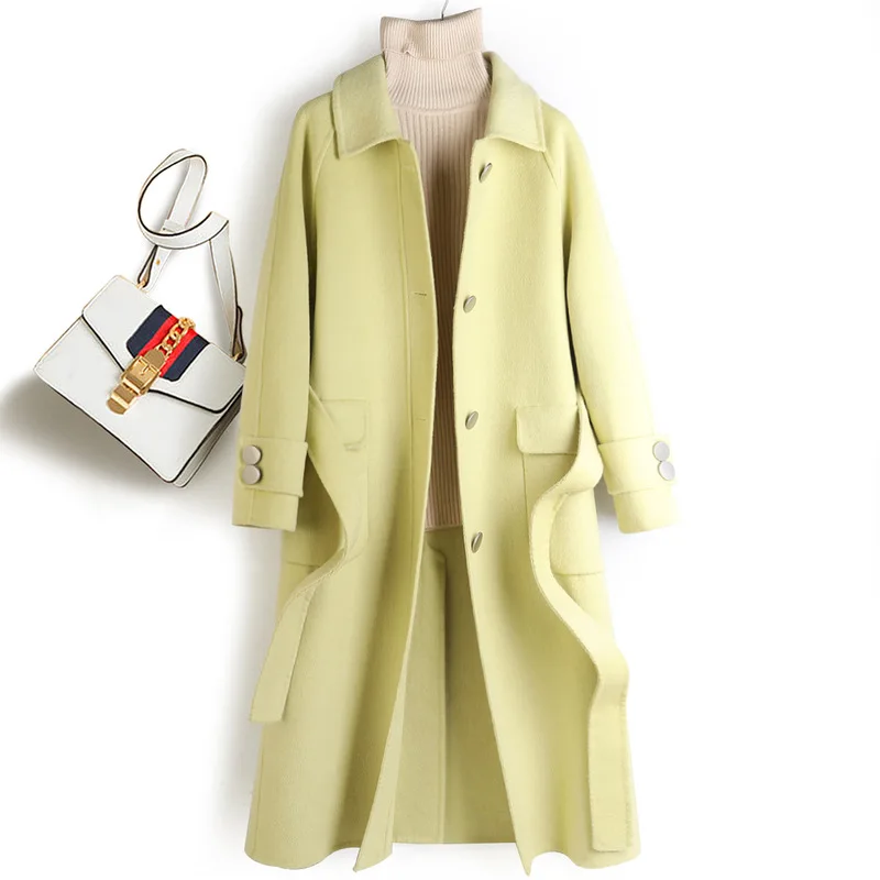 

wool coat of new fund of 2020 autumn winters is light yellow doll over-the-knee single-breasted double-sided wool coat