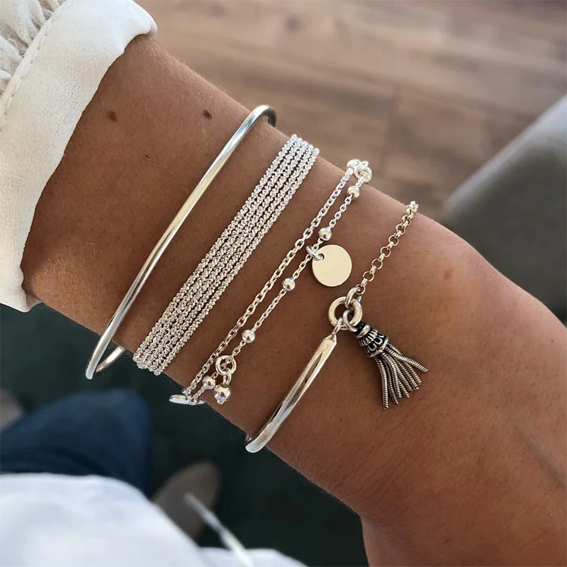 

4pcs Bracelets For Women Aesthetic Fashion Wafer Tassel Hand Chain Girlfriend Bangle Gifts Bohemia Anklet Adjustable Jewelry