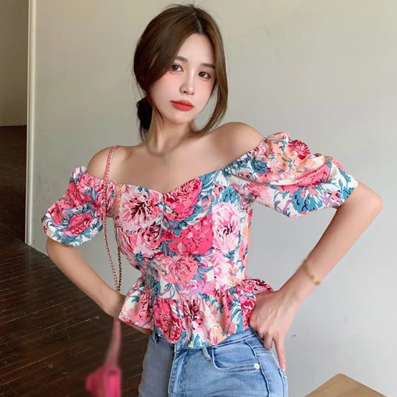 

Summer New Arrival Japanese Elf Sweet Holiday Style Printed Blouses Strappy Open Back Puff Sleeve Square Neck Top
