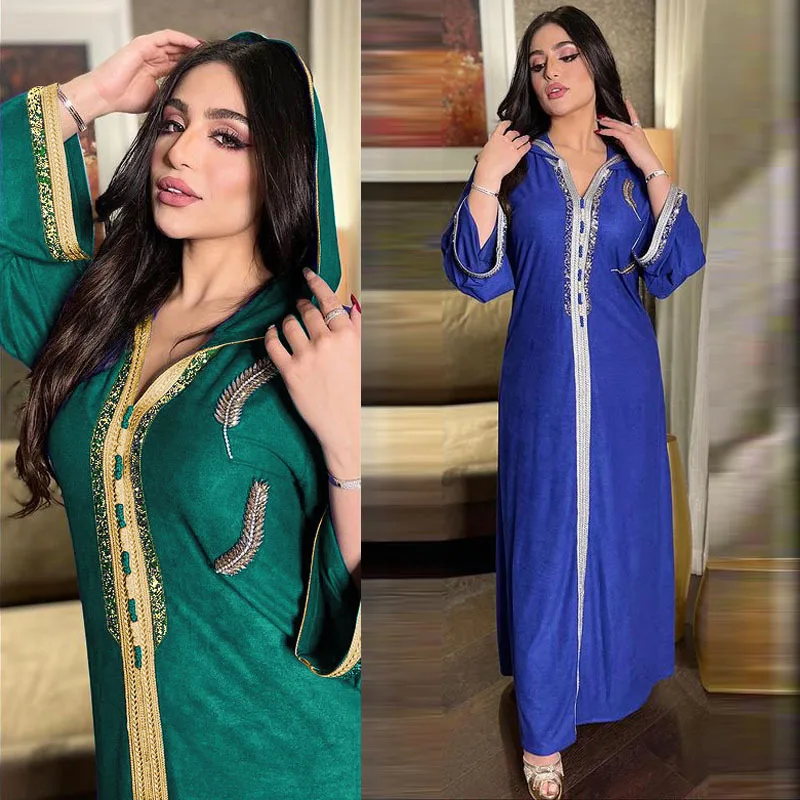 Middle East Caftan Marocain Hooded Robe Velvet Kaftan with Diamond Feather Embroidery Muslim Jalabiya Ramadan Indian Party Dress