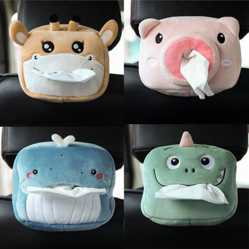 Cute Cartoon Car Tissue Box Plush Napkin Holder Universal Auto Home Room Paper Case Animal Decoration Bracket