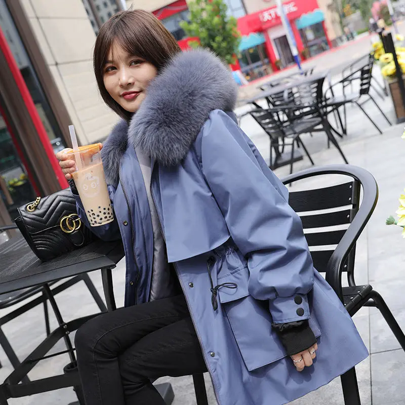 Женская длинная парка с капюшоном зимняя куртка подкладкой из кроличьего меха и