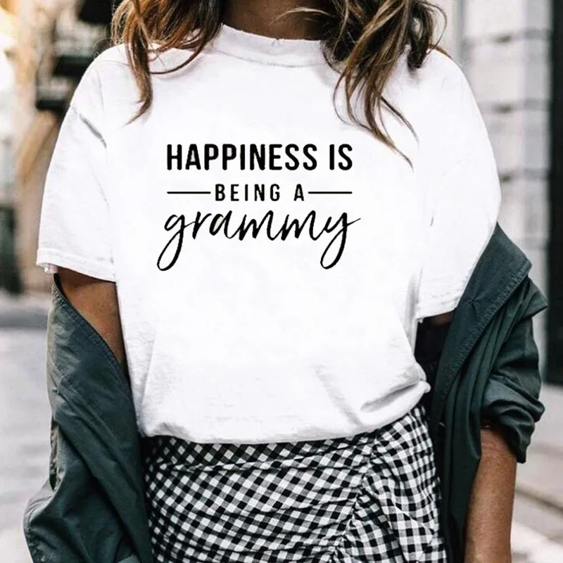 

Happiness Is Being A Grammy Letter Print T Shirt Women Short Sleeve O Neck Tshirt 2021 Summer New Arrival Lady Tee Cotton Tops