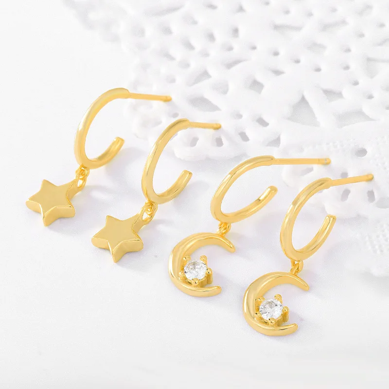 

Stars And Moon Stud Earring Sterling Silver 925 Earrings For Women Pendientes Plata De Ley 925 Mujer Kolczyki Fine Jewelry