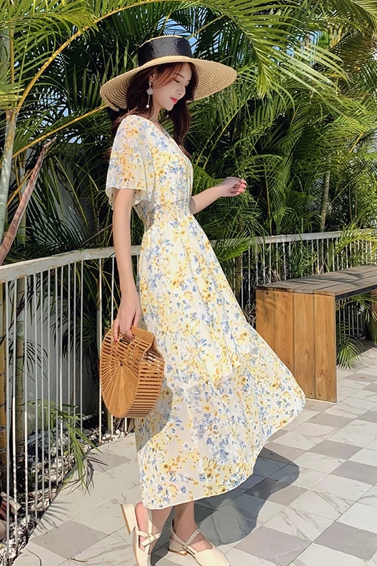 

COIGARSAM Cute Short Sleeve Women Long dress New Summer Elastic Waist V-Neck Dresses Beige M Blue 0636