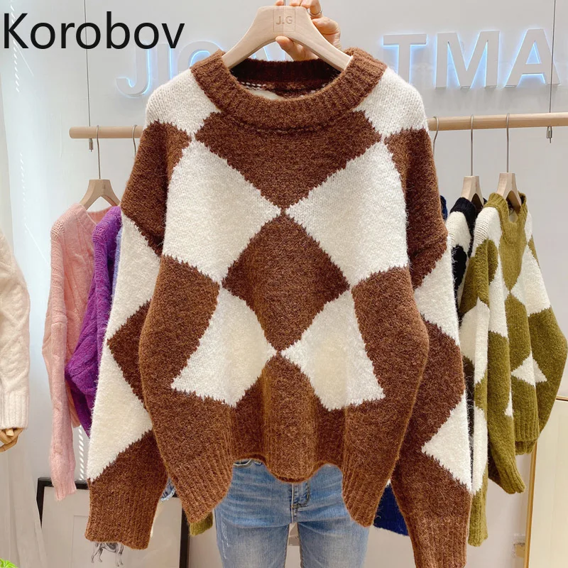 

Korobov Japanese Hit Color Plaid Women Sweaters 2021 New Autumn Winter Korean Pullovers Vintage Eleagnt O Neck Sueter Mujer