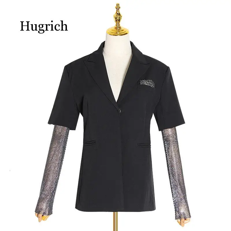 Summer Solid Blazer for Women Long Sleeve Diamond Patchwork Long Elegant Coat Female Fashion Clothing 2021 New