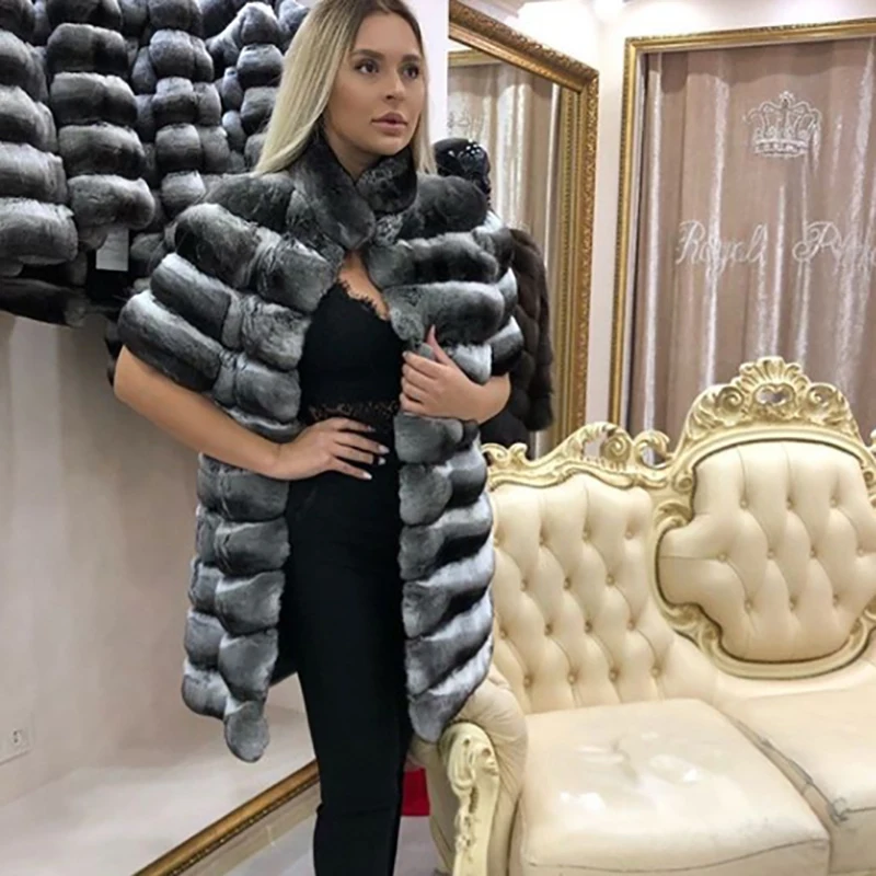 Длинный размер искусственное шиншилловое меховое пальто/серое пальто женское
