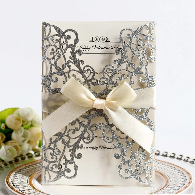 

50pcs Blue Gold Silver Glitter Paper Laser Cut Wedding Invitations Card Custom Printable With Ribbon Envelope Wedding Decoration
