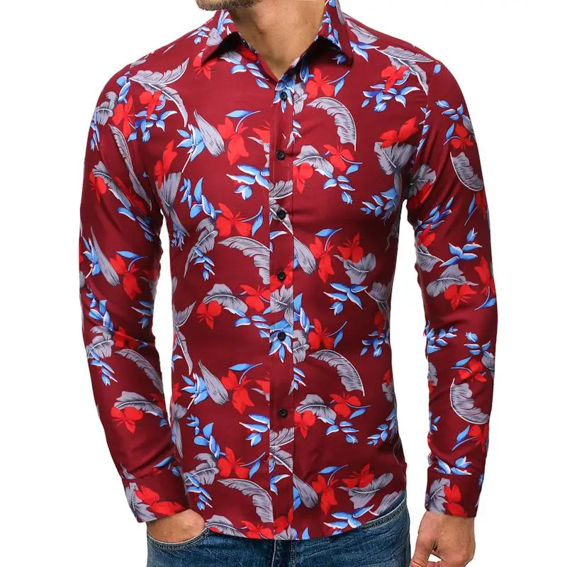 Casual Shirt For Men Fashion Hawaiian Blouse Male Long sleeve Flower printed Men's Dress Black Red New | Мужская одежда