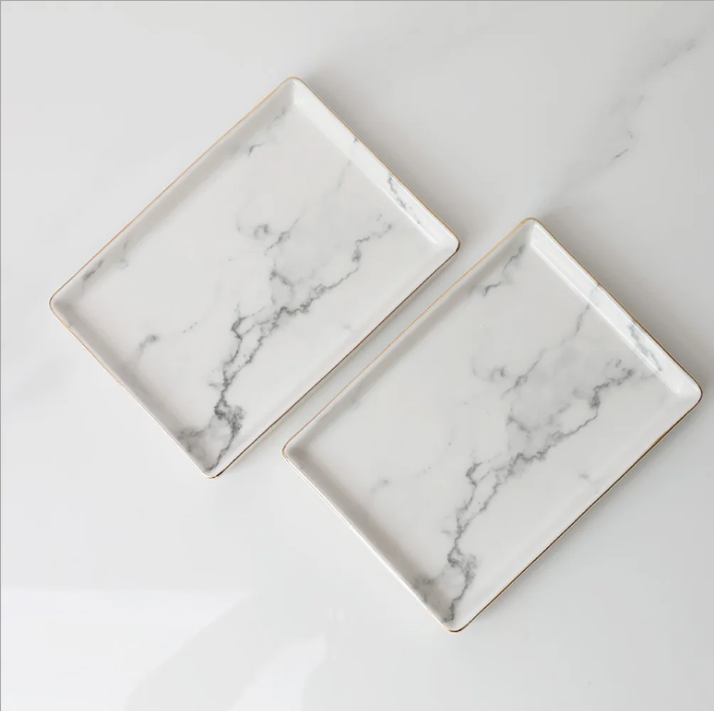 

18*13*2 Household Dessert Tray Ceramic Plate Gold Breakfast Plate Creative Rectangular Marble Pattern Trays Jewelry Storage Tray
