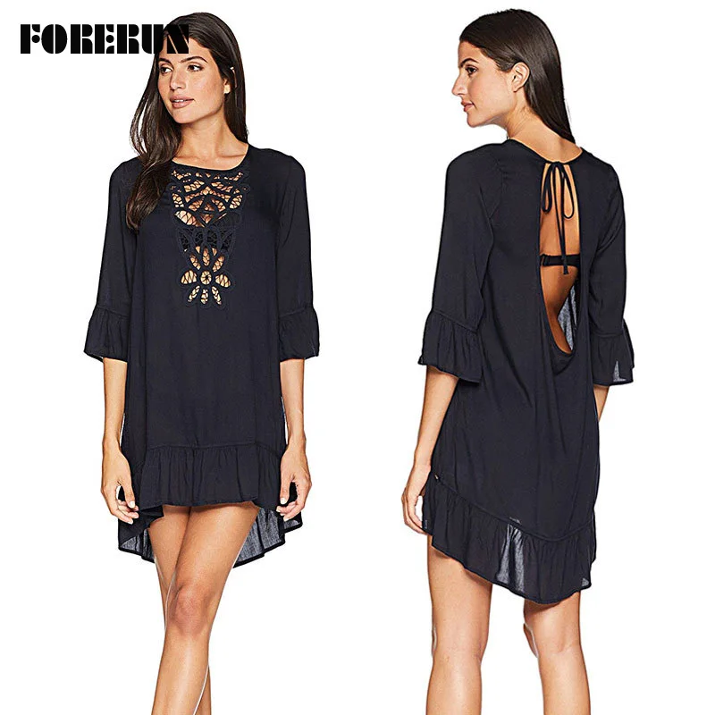 Женское ажурное платье FORERUN черное пляжное мини с открытой спинкой и оборками на