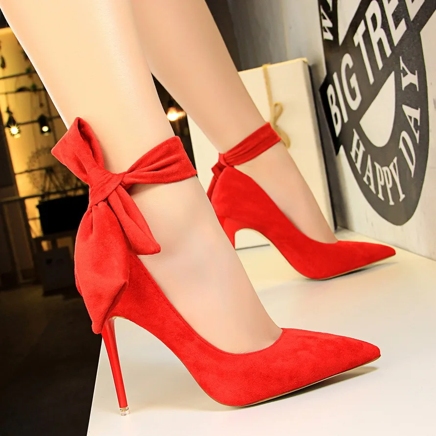 

European and American style super high heel stiletto simple suede shallow mouth pointed word with bow single shoes high heels