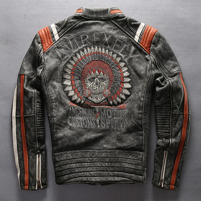 Винтажная Мужская байкерская куртка Avirex Fly skull из натуральной кожи облегающая